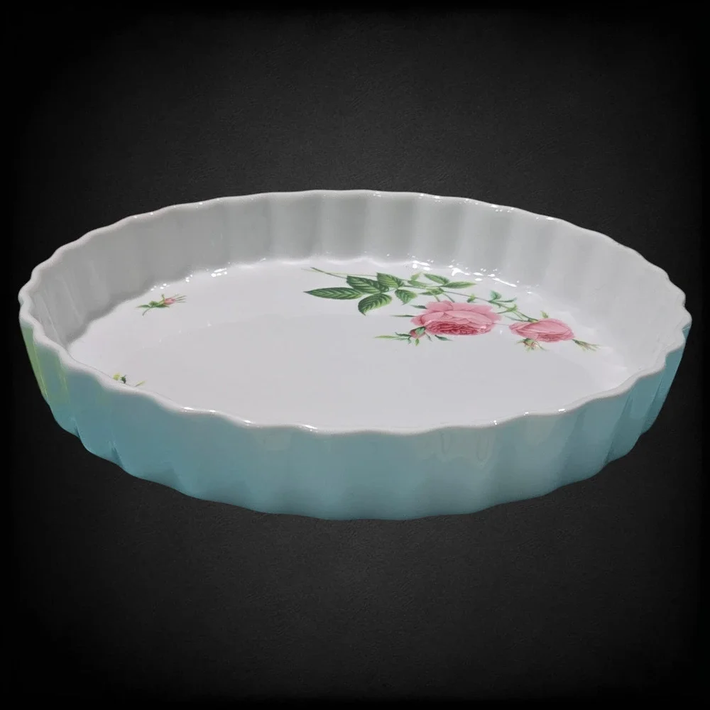 Vintage White Pink Floral Beveled Porcelain 9.5 Inch Quiche Tart 1950s Pie Pan